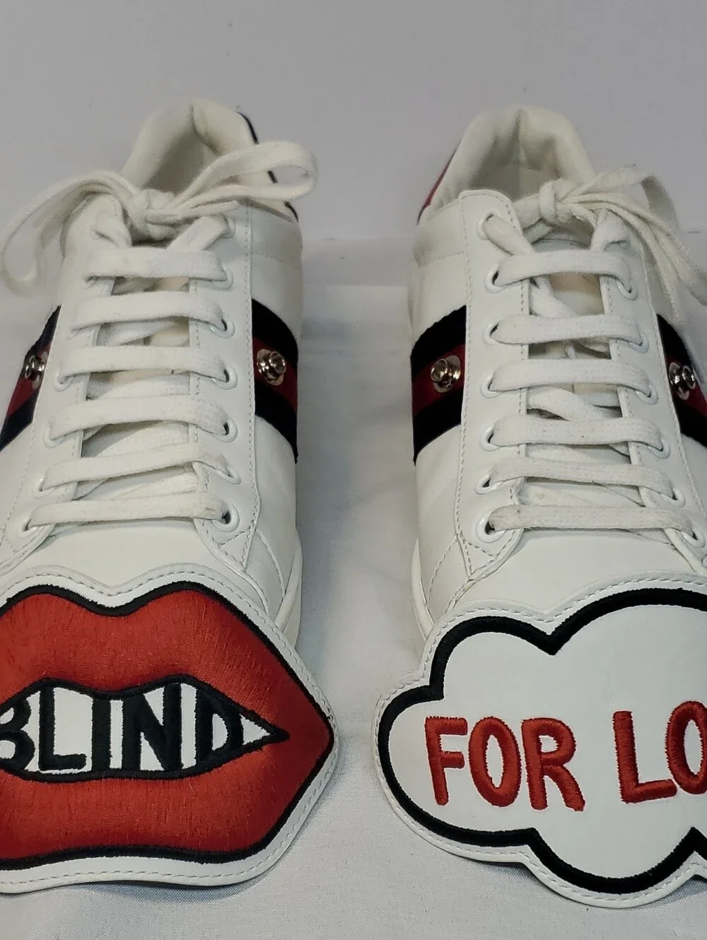 Gucci Ace Blind for Love White Leather Low Top Lace-Up Sneakers Red/Blue Mens 7